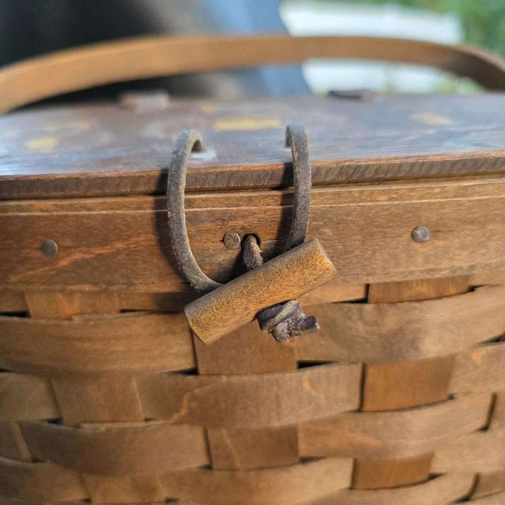 Vintage Hand Painted Owl Basket Wood Woven Lid‎ Signed 1979 Primitive Folk Art